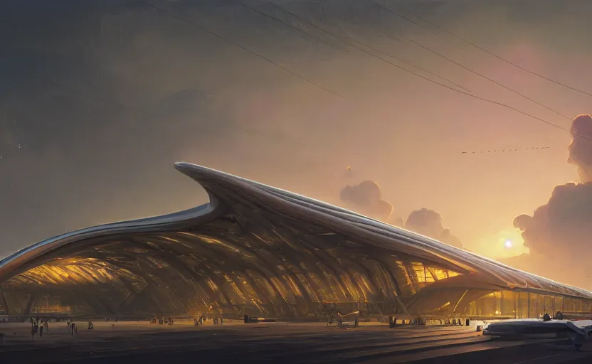 Prompt: exterior shot of utopian architecture airport with cinematic lighting by zaha hadid and renzo piano, darek zabrocki and greg ruthkowski, alphonse mucha, simon stalenhag, cinematic, holy place, paradise, scifi, futurism, atmospheric, sunset, concept art, artstation, trending on artstation