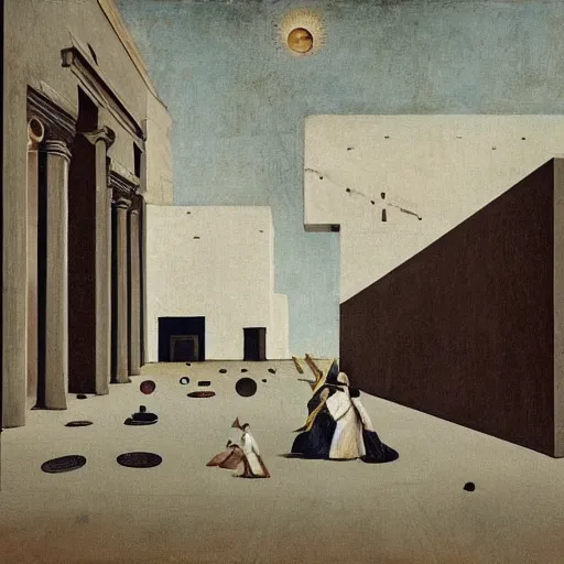 Image similar to a parade of disconnected images : obscure corners of nameless interiors, astronomical diagrams projecting the distances between celestial bodies, a painting by giorgio de chirico, a list of unpopular anagrams.