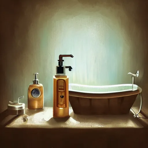 Image similar to steampunk tiny bathroom in the warm morning light, soap, bubbles, perfumes, beautifully lit, painting, high resolution, trending on artstation