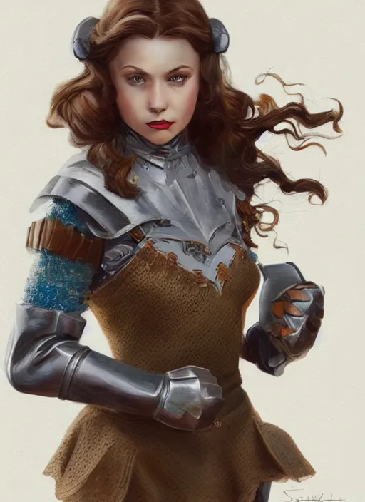 Image similar to three quarters portrait of a beautiful female Dorothy gale, full body, armor, super powers, fantasy, intricate, elegant, highly detailed, digital painting, artstation, concept art, shining, sharp focus, illustration, art by stanley lau