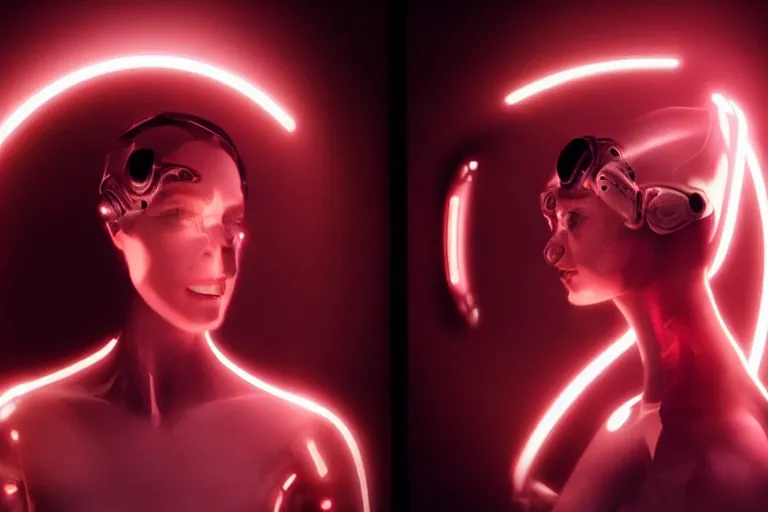 Image similar to VFX movie of a futuristic cyborg space woman model gorgeous portrait in future spaceship, beautiful natural skin neon lighting by Emmanuel Lubezki
