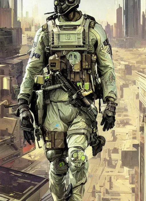 Prompt: Ezra. USN special forces futuristic recon operator, cyberpunk military hazmat exo-suit, on patrol in the Australian autonomous zone, deserted city skyline. 2087. Concept art by James Gurney and Alphonso Mucha. (mgs, rb6s)