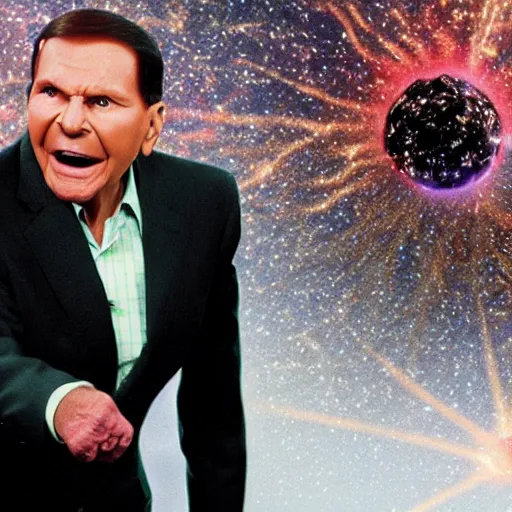 Prompt: kenneth copeland exploding head while praying dollar balls