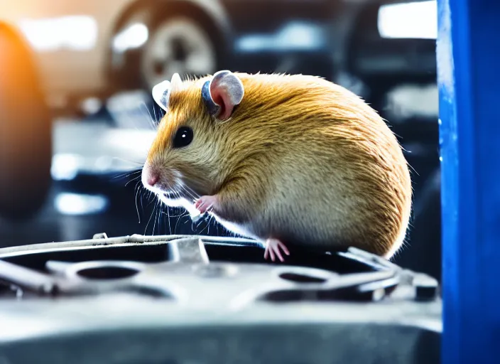 Image similar to film still of a hamster working as a mechanic in an auto shop, 8 k