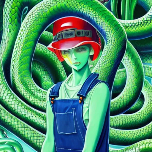 Image similar to 3 d, close - up, fashion model in a blue factory worker's overalls face looking down at the floor eyes sad tentacles instead of hands, green snakes background, soft light, smooth face feature, intricate oil painting, high detail illustration, sharp high detail, manga and anime 1 9 9 9