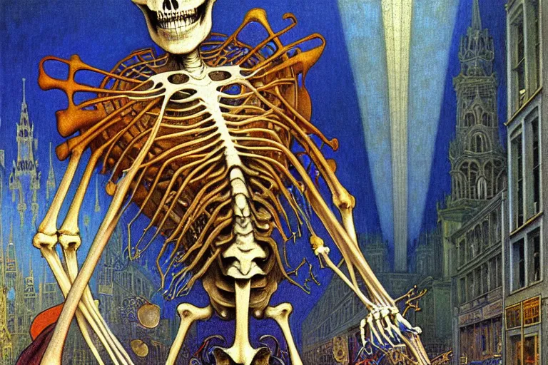 Image similar to realistic detailed closeup portrait painting of a single skeleton wearing a cape in a crowded futuristic moscow street by Jean Delville, Amano, Yves Tanguy, Alphonse Mucha, Ernst Haeckel, Edward Robert Hughes, Roger Dean, rich moody colours, blue eyes