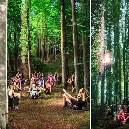 Image similar to wild rave at a beatiful woodland cabin