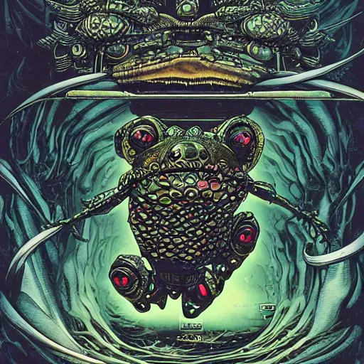 Prompt: dark robotic frog, by yoichi hatakenaka, masamune shirow, josan gonzales and dan mumford, ayami kojima, takato yamamoto, barclay shaw, karol bak