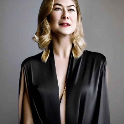 Prompt: rosamund pike wearing black robe and golden necklace cinematic photoshoot high quality highly affordable photo realistic 8 k hd