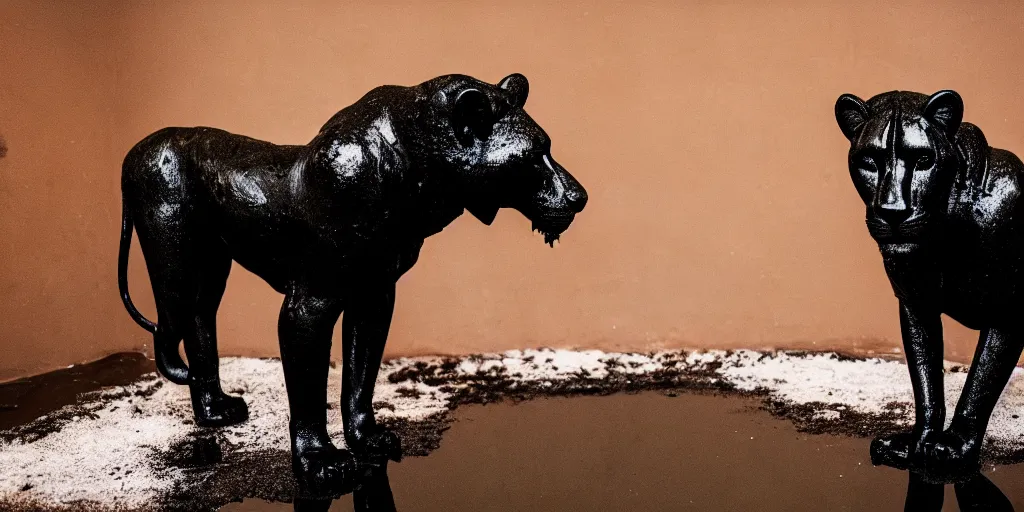 Prompt: the black lioness made of tar, bathing in the bathrub filled with tar, dripping tar, drooling goo, sticky black goo, photography, dslr, reflections, black goo, rim lighting, cinematic light, chromatic, saturated, slime, modern bathroom