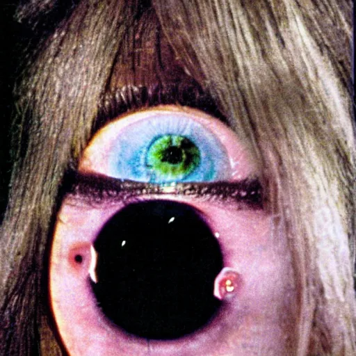 Image similar to middle-age woman enters an eyeball cult, 1977 live-action children's tv show, color