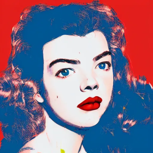 Image similar to beautiful female anya taylor - joy portrait in detail in block colour by james jean, by andy warhol, by roy lichtenstein, by egon schiele