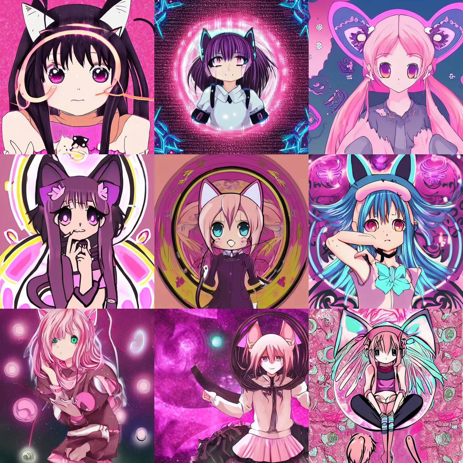 Prompt: digital card art of anime (cat) girl with cat ears surrounded by magic circles. Pink hue. Highly detailed.