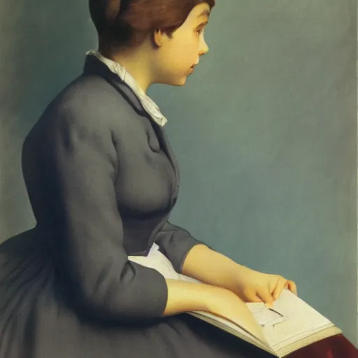 Prompt: a girl reading, vintage photo by magritte, by delacroix, strong lights, flat colors, pastel colors