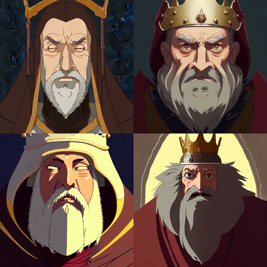 Image similar to portrait of a medieval old king, artstation, cartoon, elegant, highly detailed, digital painting, concept art, smooth, sharp focus, illustration, art by studio ghibli, makoto shinkai, don bluth, fujita goro, jean giraud, atey ghailan, akihiko yoshida, tom whalen, anton fadeev 8 k