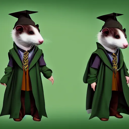 Image similar to a anthropomorphic ferret is dressed as a hogwarts student in slytherin robes, hyperdetailed, artstation, cgsociety, 8 k