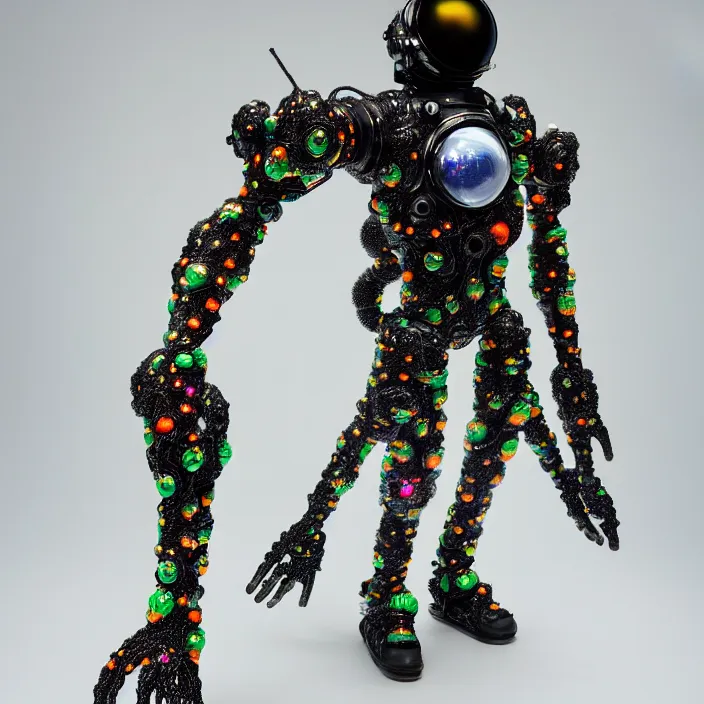 Image similar to a cybernetic symbiosis of a single astronaut mech-organic eva suit made of pearlescent wearing anodized thread knitted shiny ceramic multi colored yarn thread infected with kevlar,ferrofluid drips,carbon fiber,ceramic cracks,gaseous blob materials and diamond 3d fractal lace iridescent bubble 3d skin dotted covered with orb stalks of insectoid compound eye camera lenses orbs floats through the living room, film still from the movie directed by Denis Villeneuve with art direction by Salvador Dalí, wide lens,