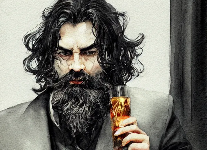 Image similar to close-up portrait, a handsome Frenchman with beard and long black hair toasting with the devil drinking whiskey, watercolor, dramatic lighting, cinematic, establishing shot, extremely high detail, foto realistic, cinematic lighting, digital art, vector, by Yoshitaka Amano, Ruan Jia, Kentaro Miura, Artgerm, post processed, concept art, artstation, matte painting, style by eddie mendoza, raphael lacoste, alex ross