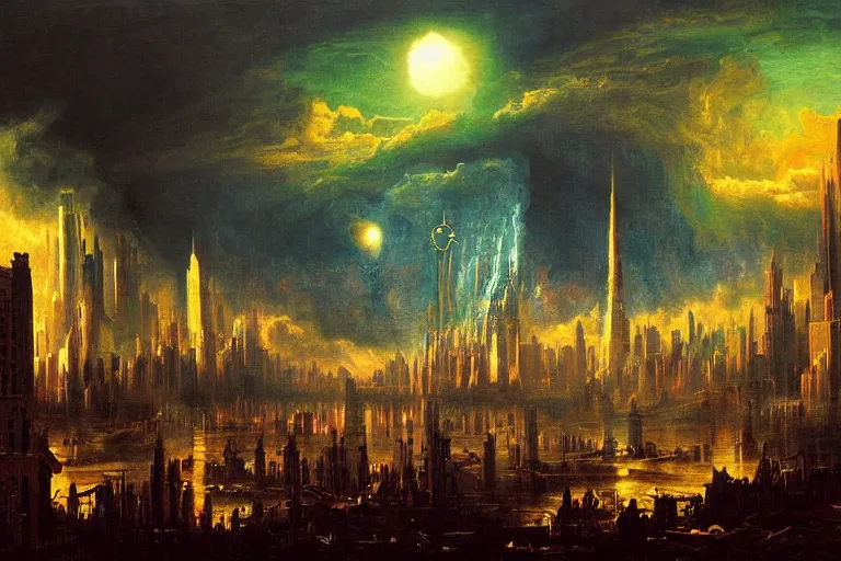 Image similar to miskatonic university big bang cityscape in the style of progressive rock, illuminati, painting by albert bierstadt