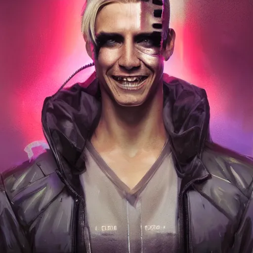 Image similar to cyberpunk, closeup portrait of a cyberpunk entertainer, blond hair, grey eyes, sadistic smile, delicate jaw, dramatic light, city background, sunset, dystopian setting, high contrast, sharp, neuromancer, peter riviera, painted by stanley lau, painted by greg rutkowski, painted by stanley artgerm, digital art, trending on artstation