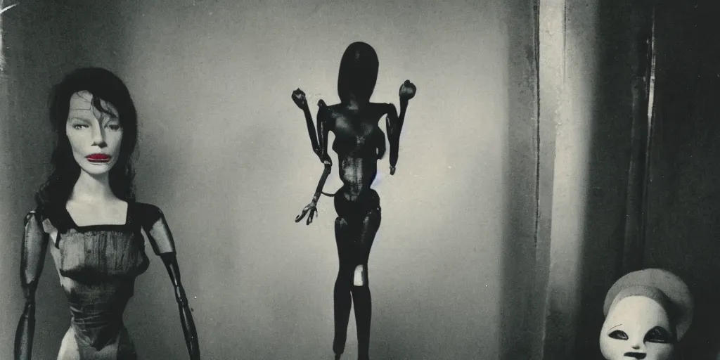 Prompt: evangeline lilly as a marionette puppet, femme mannequin, pose, 1 9 7 0 s, creepy, horror, polaroid, dark, eerie, forgotten, discovered photo, vintage noir, disassembled, last photo before disaster, hyper realistic