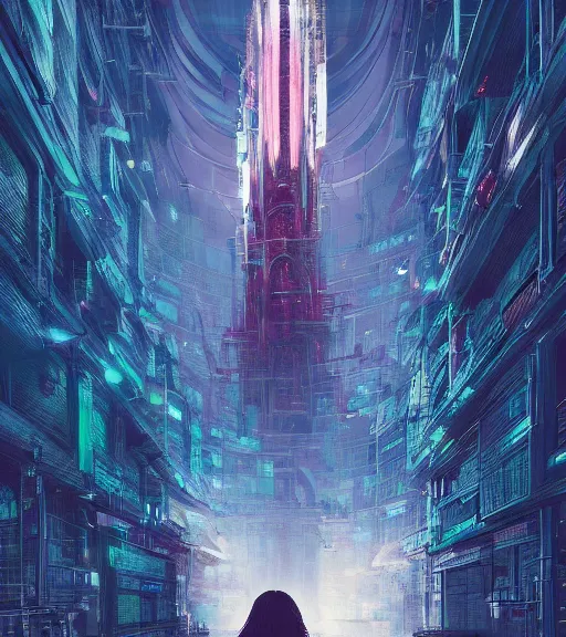 Image similar to colored manga, by greg rutkowski, tarkovsky, majestic ancient tower of babylon of terror, a woman in cyber clothing, hyperrealistic, blame manga, full color, cyber architecture, intricate, illustration, kilian eng, concept art, hyper - detailed, smooth, masterpiece, epic, cinematic, high quality