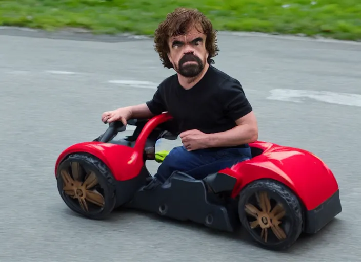 Prompt: peter dinklage mad driving a little tikes car, movie still, from the new fast and furious movie, 8 k, realistic