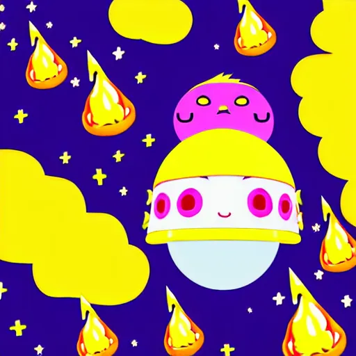 Prompt: kawaii wacky fluffy popcorn with lightning bolt power, with golden helmet, yokai, in the style of a mamashiba, with a yellow beak, with a toroidal energy field, with a smiling face and flames for hair, sitting on a lotus flower, white background, simple, clean composition, symmetrical, suitable for use as a logo