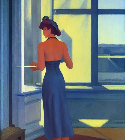 Prompt: edward hopper painting of an anime woman
