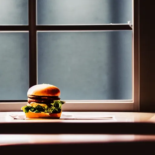 Image similar to a hamburger sitting on a table in a dimly - lit mcdonalds by the window, blue hour