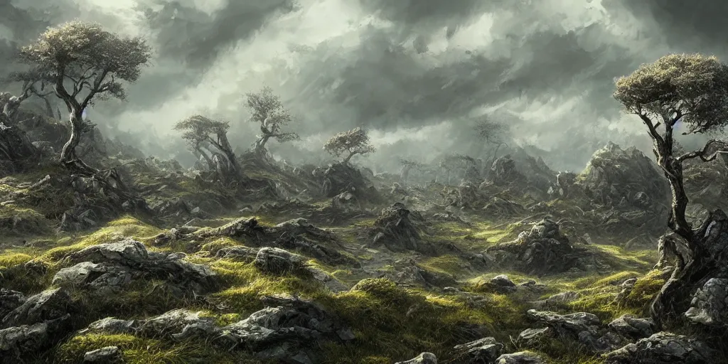 Image similar to rocky landscape of leaned keeled over toppled windswept windswept windswept trees, no visible soil, high quality fantasy art, 4k