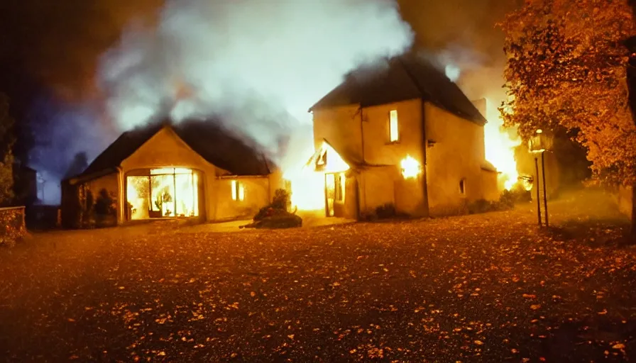 Image similar to mini dv camera found footage of a heavy burning french style little house by night in autumn, in a small northern french village, by sony mini dv camera, heavy grain, low quality, high detail, dramatic light, anamorphic, flares