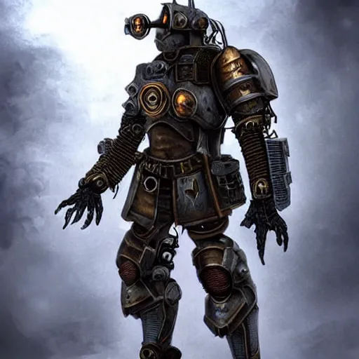 Image similar to a post-apocalyptic powered armored knight in the style of steampunk/dieselpunk Trending on artstation DeviantArt Pinterest Photorealistic HD 8k highlights and shadow detailed High Resolution
