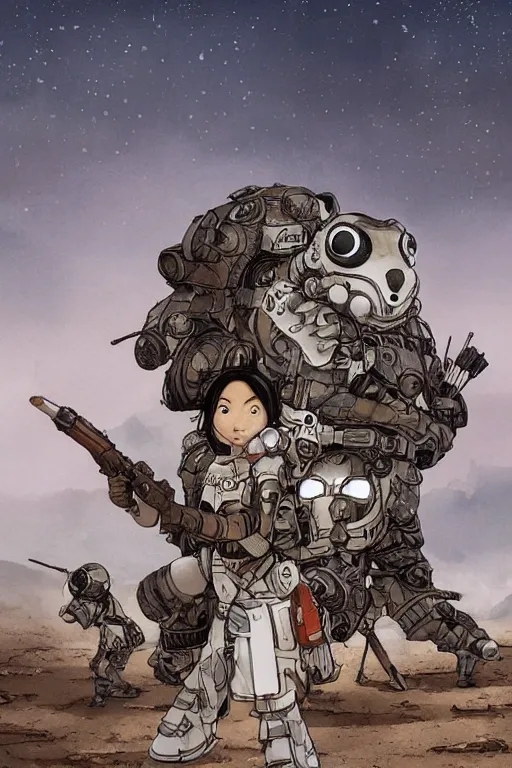 Prompt: anthropomorphic rodent with white and black ancestral ornate japanese tactical gear on an abandonment desert planet, high intricate details, long shot, rule of thirds, golden ratio, graphic novel by fiona staples and dustin nguyen, by beaststars and orange, peter elson, alan bean, studio ghibli, makoto shinkai