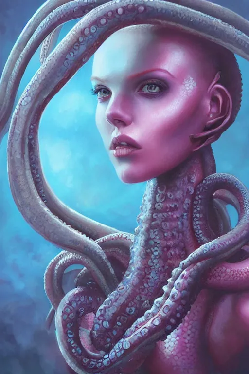 Image similar to portrait of an elegant alien octopus woman queen, straight on portrait, by artgerm, tom bagshaw, gerald brom, vaporwave colors, lo - fi colors, vaporwave, lo - fi, moody vibe, goth vibe, 4 k, hd,