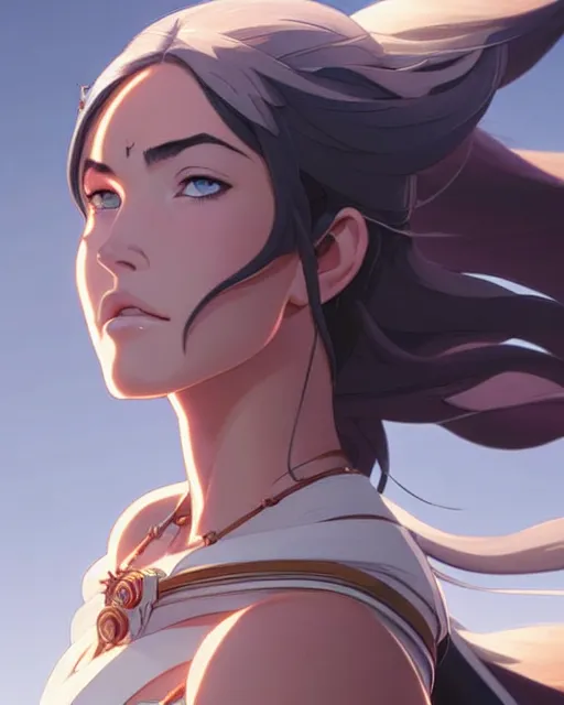 Image similar to azctec warrior, megan fox, detailed perfect face, exquisite details, fire magic, mid view, design on a white background, by studio muti, greg rutkowski makoto shinkai takashi takeuchi studio ghibli