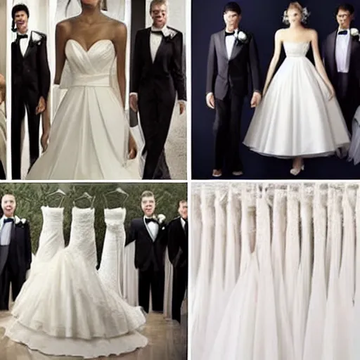 Image similar to a collage of wedding dresses and tuxedos