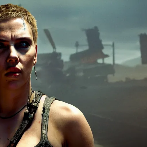 Prompt: Fury Road scarlett johansson after a bad mission in Cyberpunk 2077. CP2077. 3840 x 2160