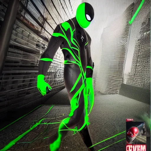 Image similar to black spider - man suit with green web lining, cinematic, volumetric lighting, realistic, hyperdetailed, photorealistic, photograph