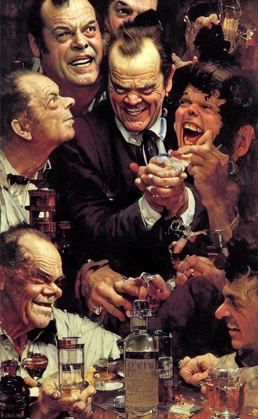 Prompt: illustration, jack nicholson is a bottle, by norman rockwell, roberto ferri, daniel gerhartz, edd cartier, jack kirby, howard brown, ruan jia, tom lovell, jacob collins, dean cornwell