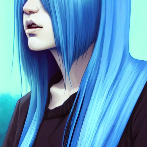 Image similar to full face shot of rimuru tempest, sky blue straight hair, long bangs, with amber eyes, wearing a black jacket, high collar, ultra detailed, concept art, award winning photography, digital painting, cinematic, wlop artstation, closeup, pixiv, evil, yoshitaka amano, andy warhol, ilya kuvshinov,