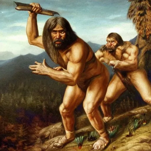 Prompt: historical picture war between homo sapien and neanderthal, authentic detail, with accurate event, hyperrealistic, photorealistic, trending on museum curator