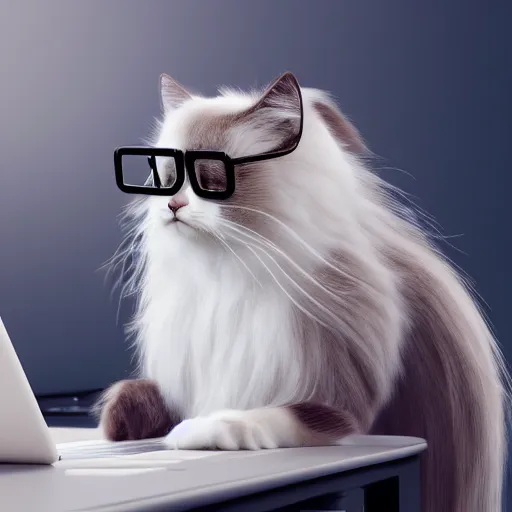 Prompt: anthropomorphic long haired ragdoll cat wearing glasses working at a computer realistic detailed 4k 3d render