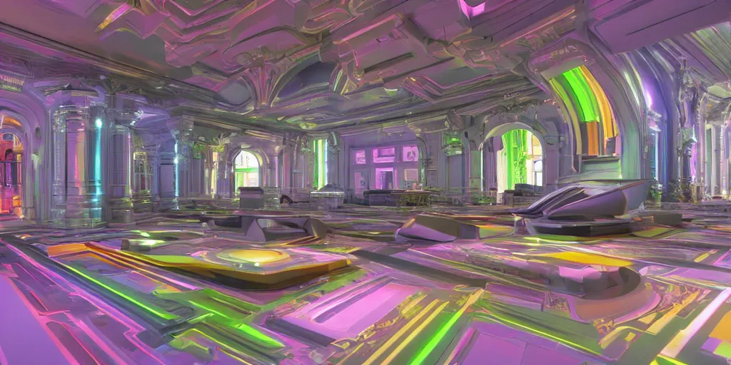 Image similar to colourful futuristic interior baroque, big open floor, 3 d render v - ray photo realistic, 8 k