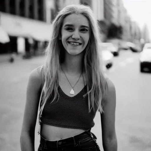 Image similar to Portrait photograph of a Strawberry-Blonde Girl, Young Beautiful Face, Green Eyes, Freckles, Wearing a white crop-top and jeans, with a subtle smile, Humans of New York Style, Leica Camera 50mm lens, street photography, grainy film photo