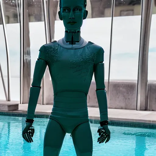 Image similar to a realistic detailed photo of a guy who is an attractive humanoid who is half robot and half humanoid, who is a male android, soccer player martin ødegaard, shiny skin, posing like a statue, blank stare, by the pool, on display, showing off his muscles, humanoid robot, frozen ice statue