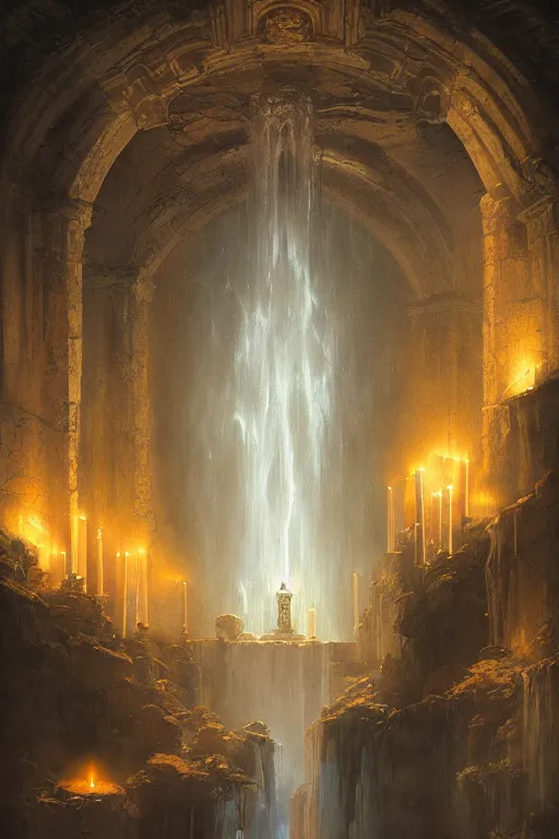 Prompt: Detailed Interior of Monastery Ruins, Waterfall Walls, light of god, light shafts, candles, stunning atmosphere, in Style of Peter Mohrbacher, moody night lighting