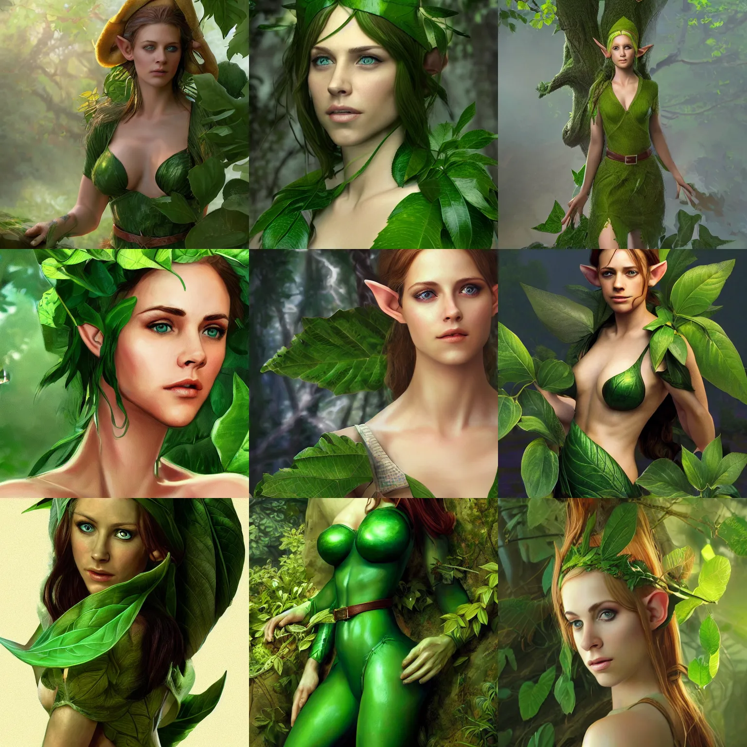 Prompt: a high-resolution photo of a beautiful elf girl (played by Kristen Steward) elegantly wrapped with green lush leaves, by Andrea Chiampo, artstation and Frederik Heyman, extremely detailed woman, stunning lighting, fantasy, 4k, scanned, by Larry Elmore, Copyright TSR 1989