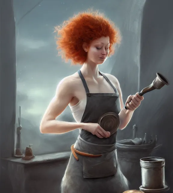 Image similar to cute female blacksmith, perfect face, grey halter top, ginger hair, dirty apron, abs, cinematic, stunning, elegant, highly detailed, psychedelic, digital painting, artstation, smooth, hard focus, illustration, art by jessica rossier and and brian froud