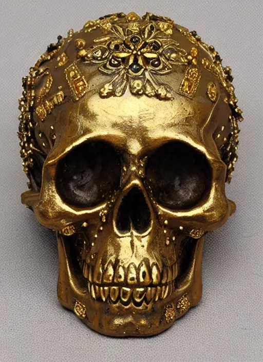 Image similar to ornate gold skull realistic 3 d covered in jewels antique